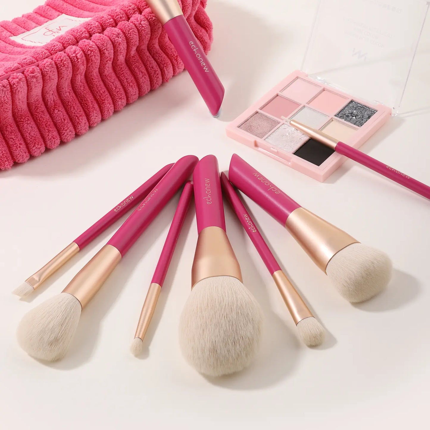 ECHANEW Professional Soft Makeup Brush Kit, with Pink Plush Makeup Bag, 10 Pcs/Set Fixed Makeup Brush, Comfortable Grip, Suitable for Women and Girl Makeup Tools
