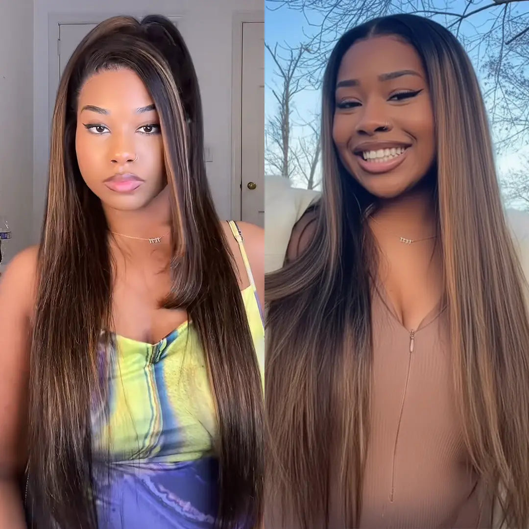 Nadula Black to Chestnut Brown with Highlights Yaki Straight 13X4 Lace Wig with Drawstring Human Hair Invisible Knots Glueless Put on and Go Beginner Friendly Natural Look Tiktokshopspringglowup