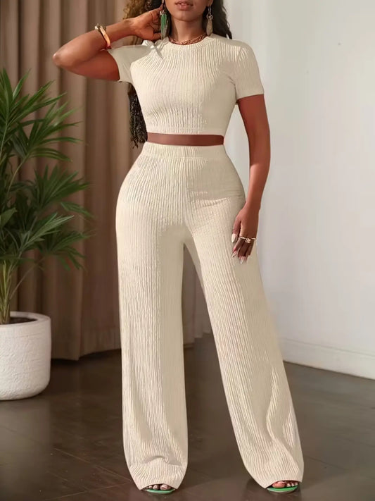 Women'S Casual Short Sleeve Top & Wide Leg Pants Set, Pure Color Summer, Comfortable Daily Wear, Stylish Fashion Ensemble