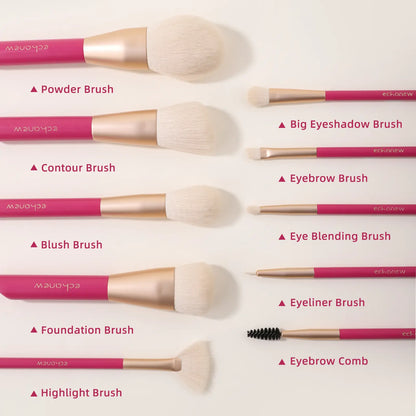 ECHANEW Professional Soft Makeup Brush Kit, with Pink Plush Makeup Bag, 10 Pcs/Set Fixed Makeup Brush, Comfortable Grip, Suitable for Women and Girl Makeup Tools