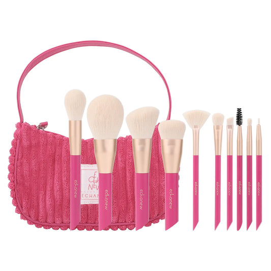 ECHANEW Professional Soft Makeup Brush Kit, with Pink Plush Makeup Bag, 10 Pcs/Set Fixed Makeup Brush, Comfortable Grip, Suitable for Women and Girl Makeup Tools