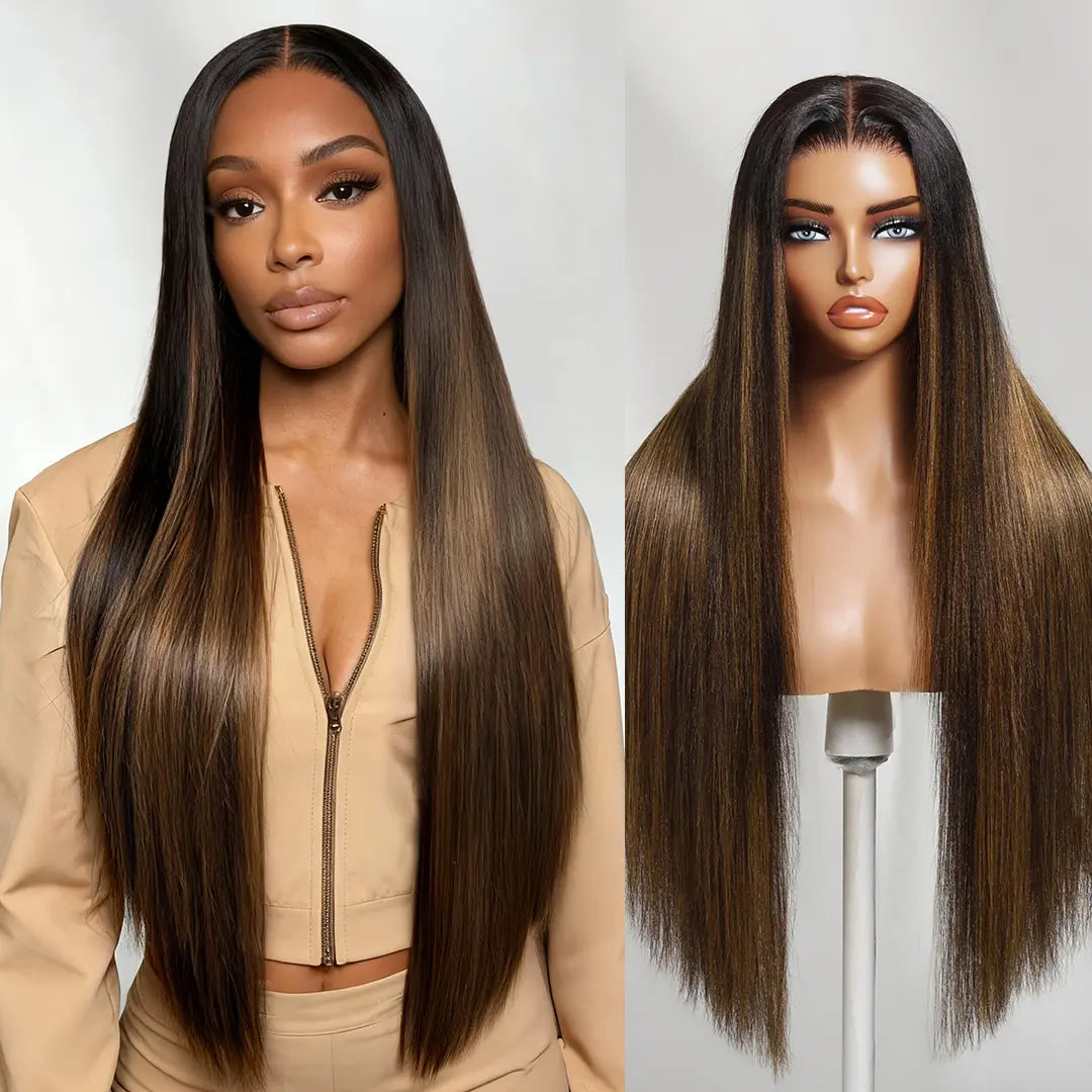 Nadula Black to Chestnut Brown with Highlights Yaki Straight 13X4 Lace Wig with Drawstring Human Hair Invisible Knots Glueless Put on and Go Beginner Friendly Natural Look Tiktokshopspringglowup