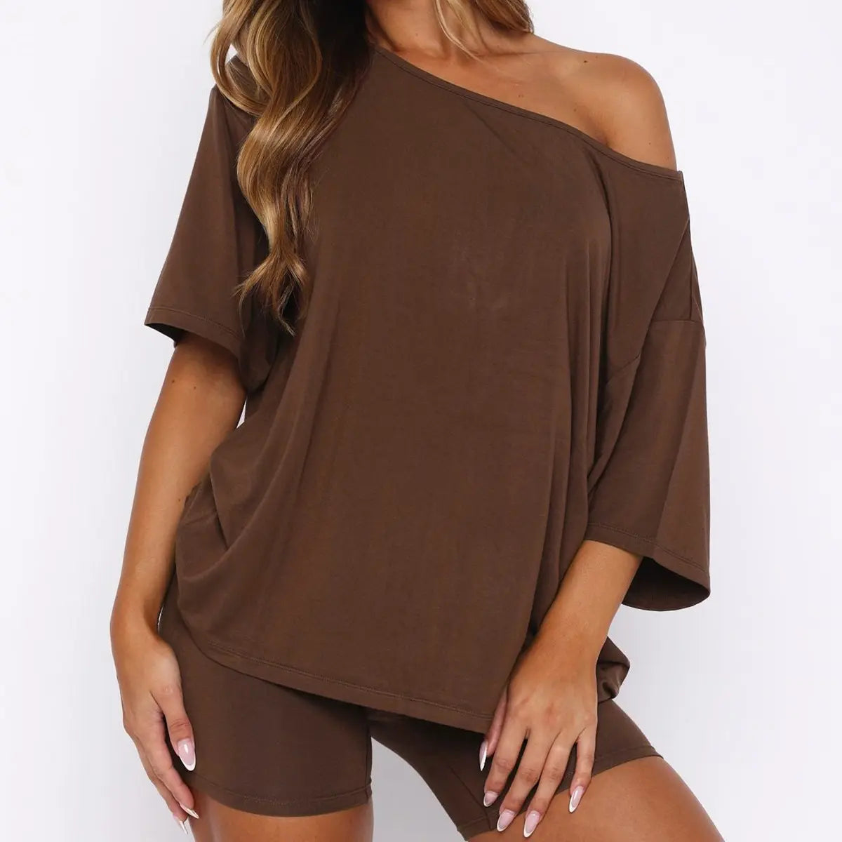 Fisoew Women’S Casual Two Piece Lounge Set off Shoulder Top & Fitted Shorts Springtok Springstatements