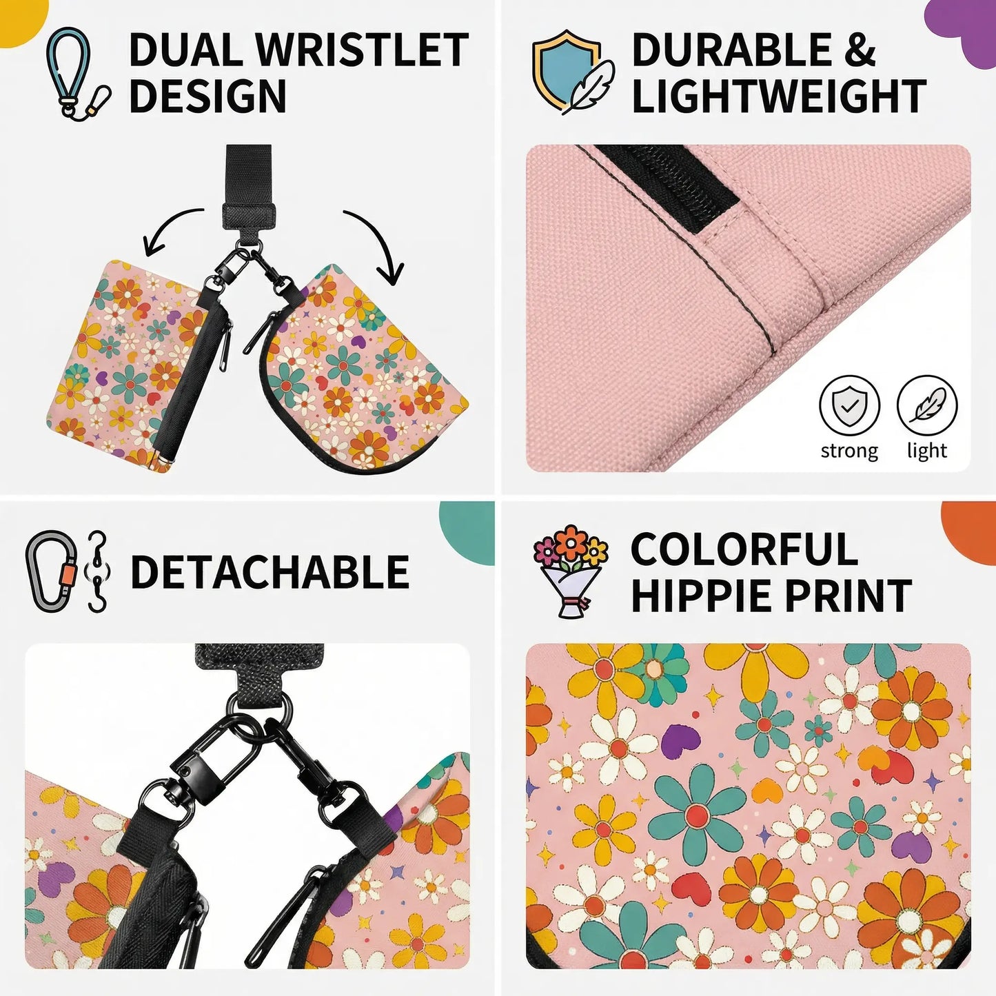 Hippie Flower Mini Metal Zipper Wristlet Wallet, Women'S Colorful Detachable Mini Dual Pouch Wristlet Purse, 2Pcs Coin Bag and Card Holder, Valentine‘S Day Gift for Girlfriend Women
