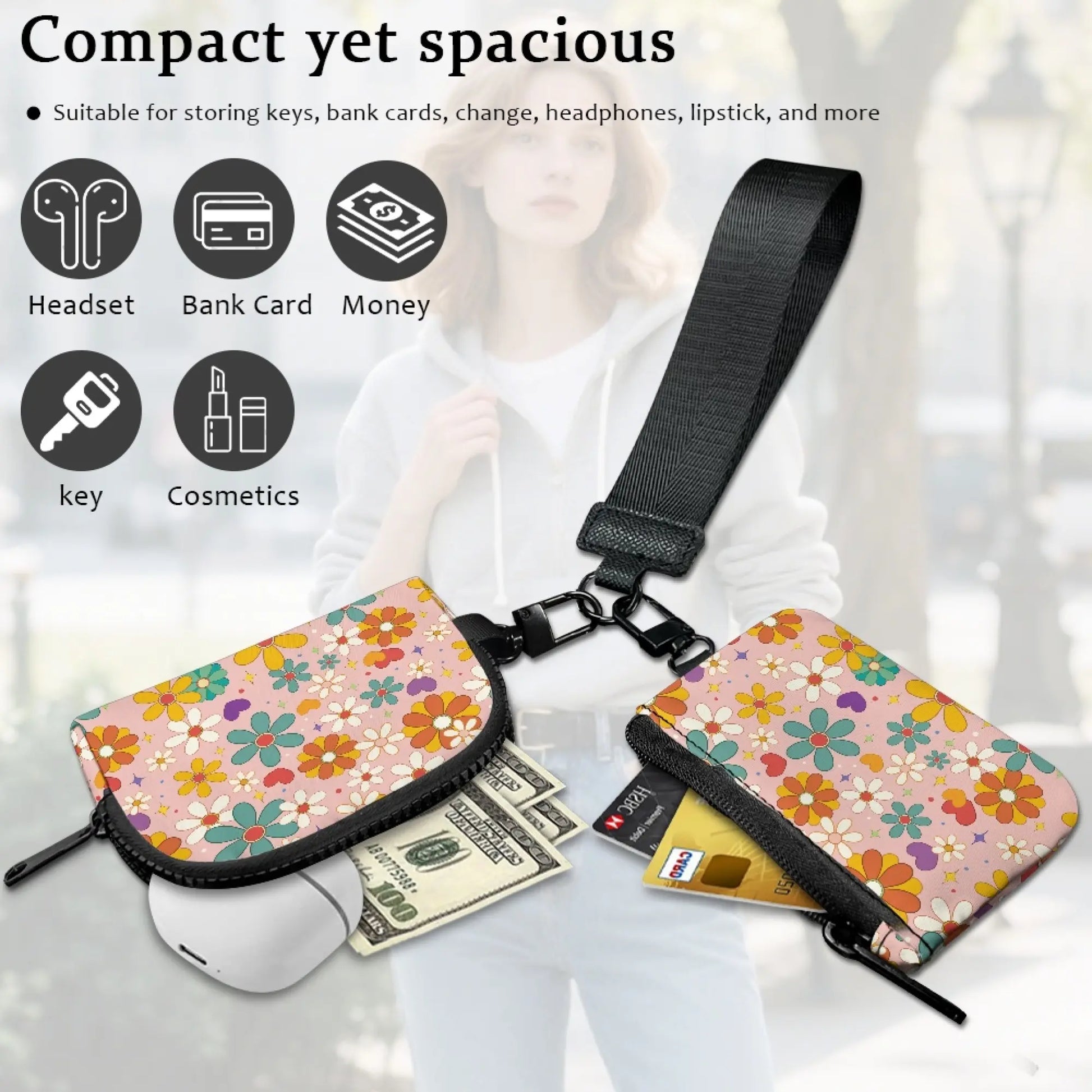 Hippie Flower Mini Metal Zipper Wristlet Wallet, Women'S Colorful Detachable Mini Dual Pouch Wristlet Purse, 2Pcs Coin Bag and Card Holder, Valentine‘S Day Gift for Girlfriend Women
