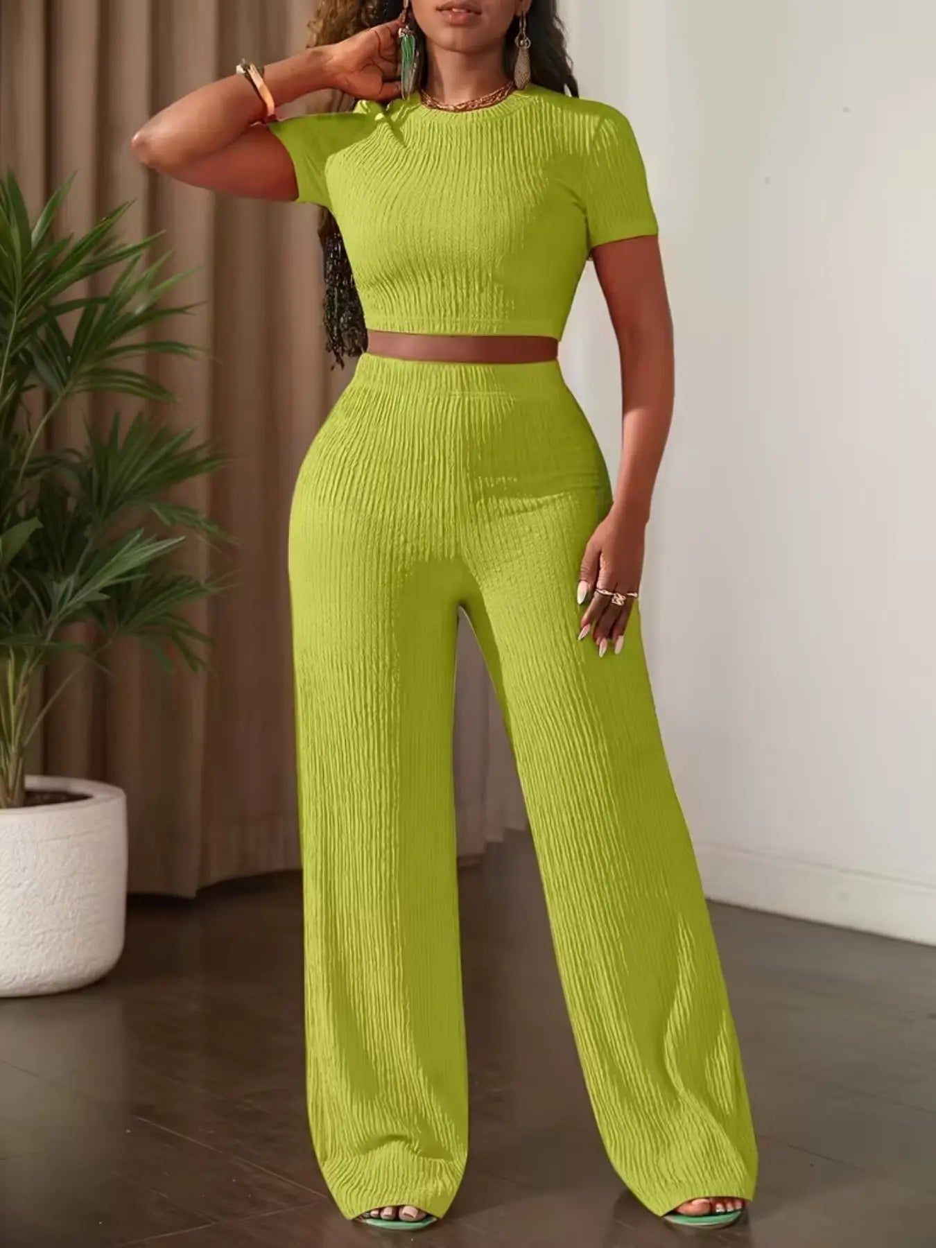 Women'S Casual Short Sleeve Top & Wide Leg Pants Set, Pure Color Summer, Comfortable Daily Wear, Stylish Fashion Ensemble