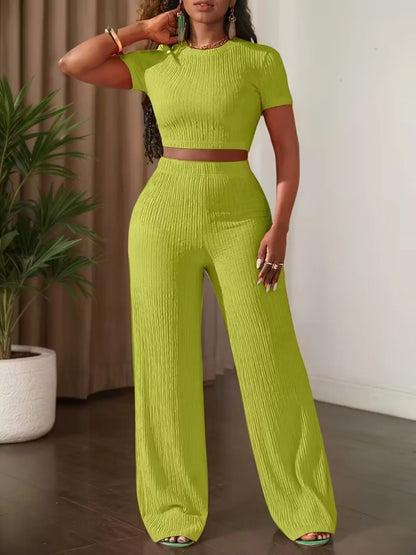 Women'S Casual Short Sleeve Top & Wide Leg Pants Set, Pure Color Summer, Comfortable Daily Wear, Stylish Fashion Ensemble