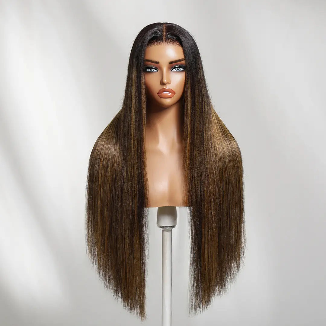 Nadula Black to Chestnut Brown with Highlights Yaki Straight 13X4 Lace Wig with Drawstring Human Hair Invisible Knots Glueless Put on and Go Beginner Friendly Natural Look Tiktokshopspringglowup