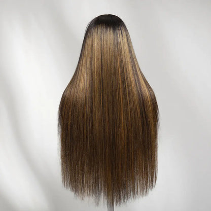 Nadula Black to Chestnut Brown with Highlights Yaki Straight 13X4 Lace Wig with Drawstring Human Hair Invisible Knots Glueless Put on and Go Beginner Friendly Natural Look Tiktokshopspringglowup