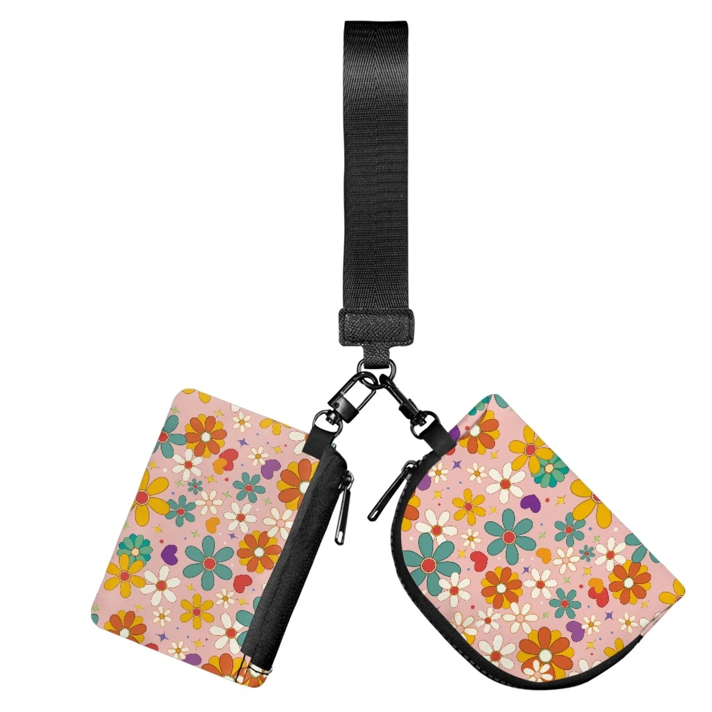 Hippie Flower Mini Metal Zipper Wristlet Wallet, Women'S Colorful Detachable Mini Dual Pouch Wristlet Purse, 2Pcs Coin Bag and Card Holder, Valentine‘S Day Gift for Girlfriend Women