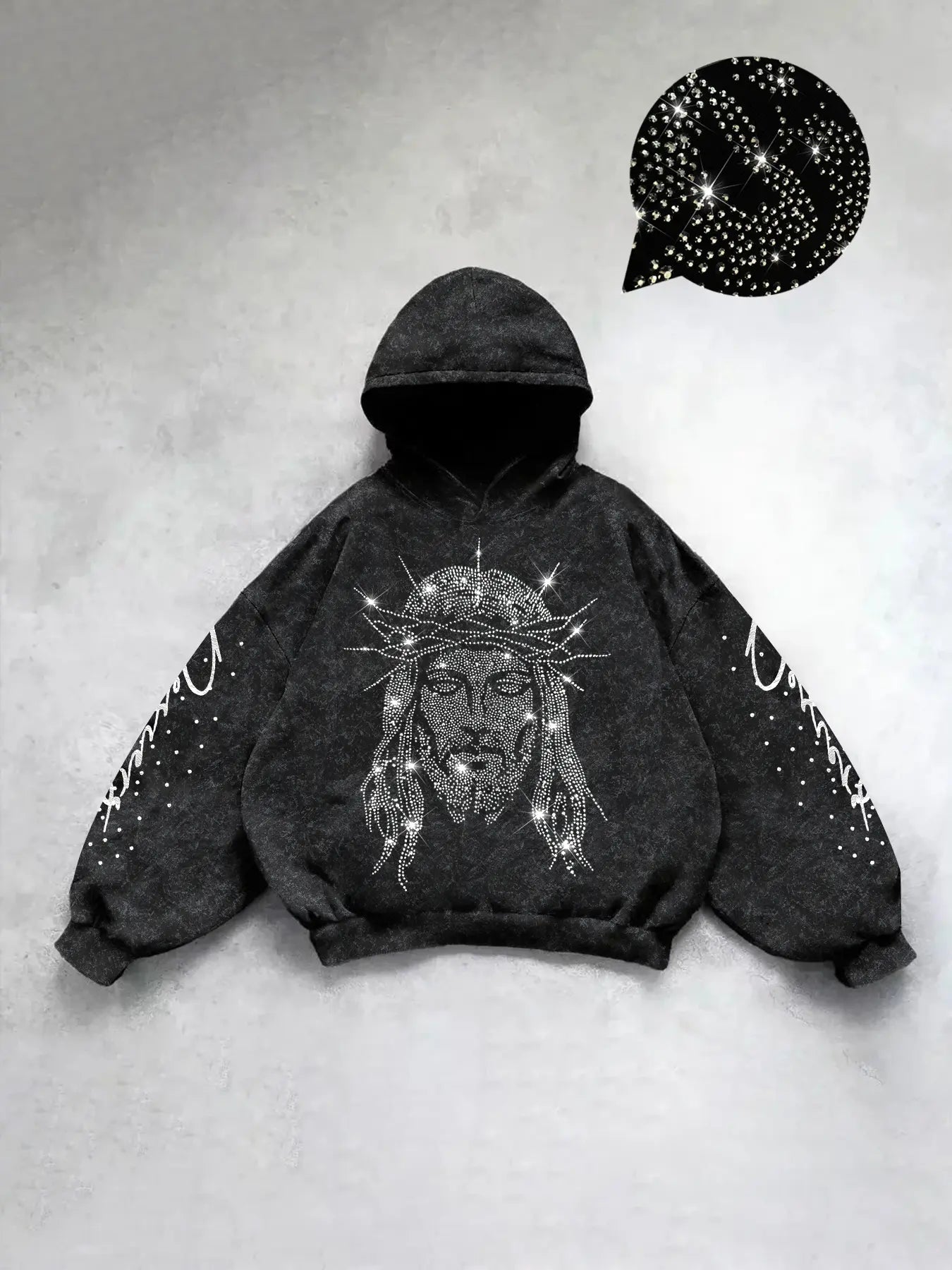 Men'S Fall Casual Hooded Sweatshirt with Rhinestone Jesus Print, Fitted Style, Comfortable and Durable, Versatile for Various Occasions, Graphic Hoodie
