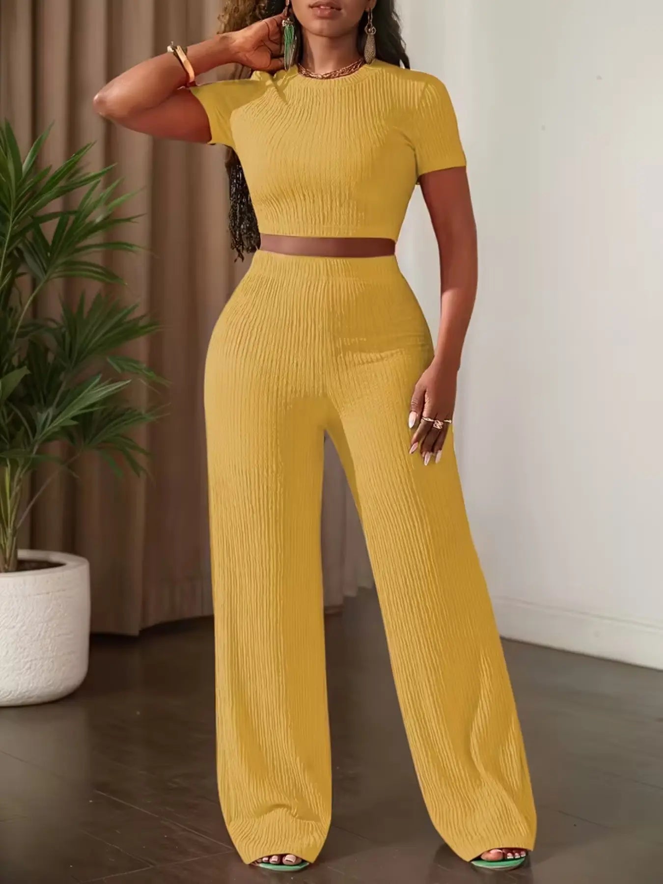 Women'S Casual Short Sleeve Top & Wide Leg Pants Set, Pure Color Summer, Comfortable Daily Wear, Stylish Fashion Ensemble