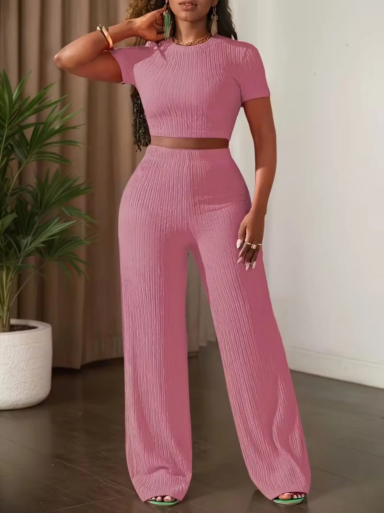 Women'S Casual Short Sleeve Top & Wide Leg Pants Set, Pure Color Summer, Comfortable Daily Wear, Stylish Fashion Ensemble